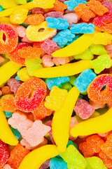 Assorted gummy candies. Top view. Jelly  sweets.