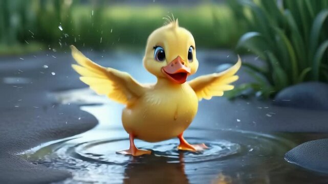 A cartoon duck is swimming in a pond. The duck is yellow and has a big smile on its face