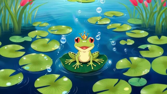 A frog is sitting on a lily pad with a crown on its head. The frog is smiling and he is happy. The image has a whimsical and playful mood, as the frog is wearing a crown