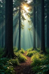 Fototapeta premium Sun-dappled Pine Forest Tranquil Woodland Landscape, Serene Nature Scene, Ideal for Relaxation and Nature Themes