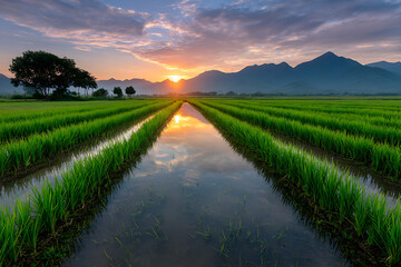 Golden sunset over lush green rice fields reflecting in water channels golden hour reflection