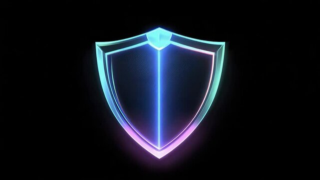 Glowing neon shield emblem on black background.