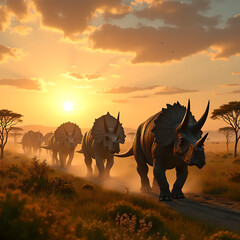 Fototapeta premium Herd of Horned Dinosaurs Crossing Prehistoric Savanna at Sunset with Dust Trails and Golden Light