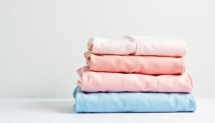 Serene Pastel Laundry Neatly Folded Clothes on White, Perfect for Home Lifestyle and Cleaning Product Advertising