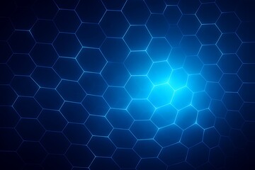 Abstract glowing blue hexagonal grid pattern with bright central light