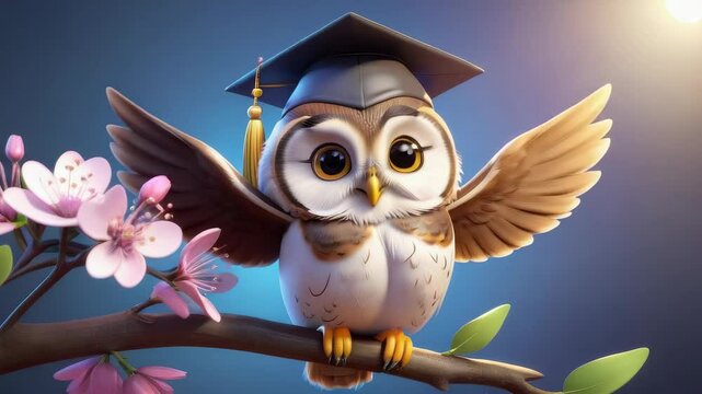 A cartoon owl wearing a graduation cap is perched on a tree branch. The owl's eyes are wide open, and it is looking at the camera. Concept of accomplishment and pride