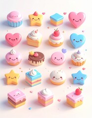 An arrangement of cute, colorful, kawaii-style desserts with smiling faces, including cupcakes, stars, hearts, and cubes.