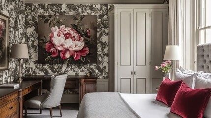 A classic bedroom with a floral wall mural.
