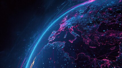 Global network connections across europe illuminated by digital data streams
