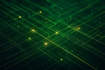 Obraz premium Abstract green digital network with glowing nodes and circuitry pattern