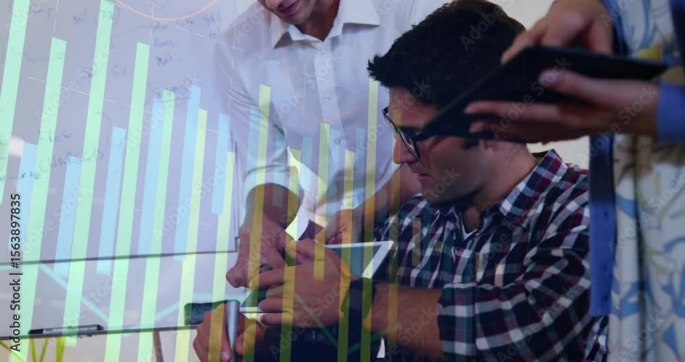 Poster seated colleague accepting tablet and highlighting chart driving data analysis with bars pulsing