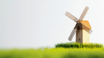 Obraz premium Simple windmill stands gracefully on lush green grass, evoking sense of tranquility and nostalgia