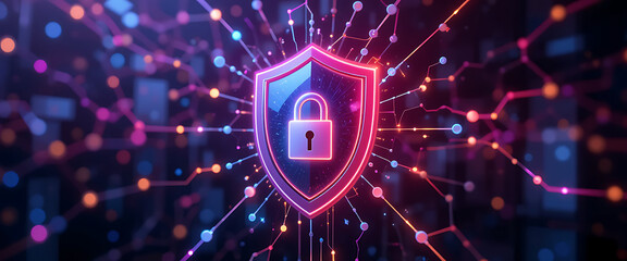 Abstract 3d cyber security shimmering protection shield on the middle of the connected protection glowing network with negative space on the right transparent glasd, dark purple gradient theme, glowin