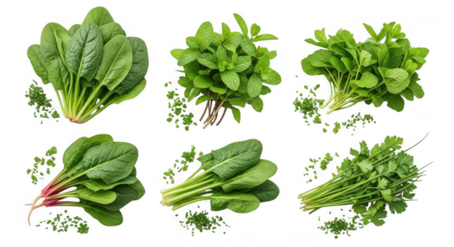 A Diverse Selection of Fresh Culinary Greens Including Spinach, Mint, and Cilantro for Healthy Cooking and Nutrition, isolated on a transparent background