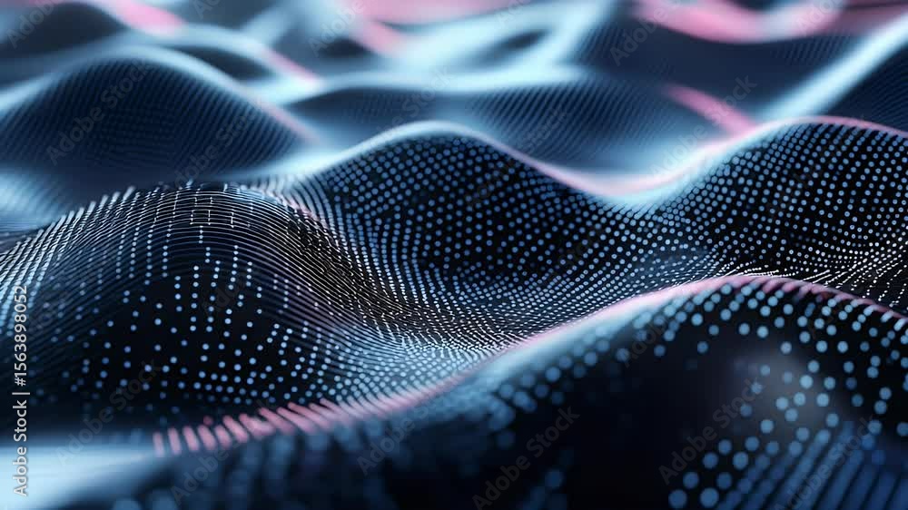 Poster abstract digital landscape with rippling waves of luminous blue and pink dots on a dark background r