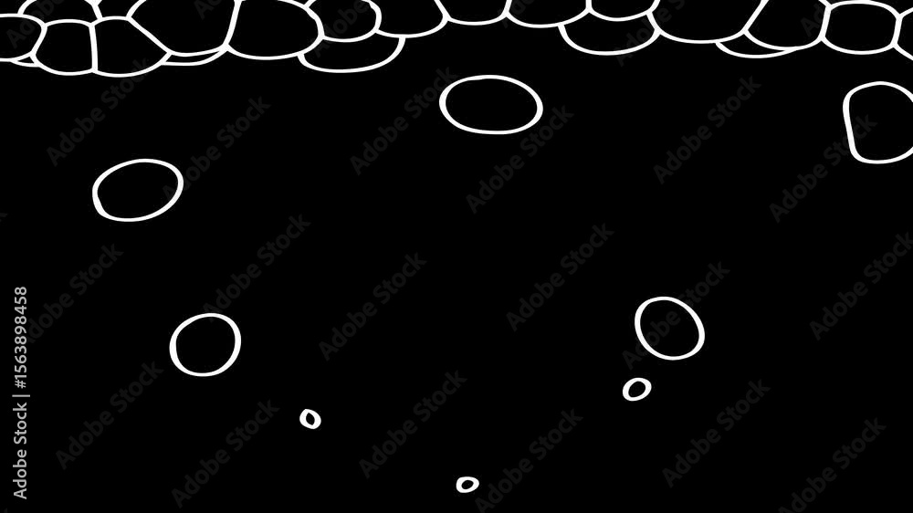 Poster abstract white bubbles or circles on a black background with a cluster of shapes at the top