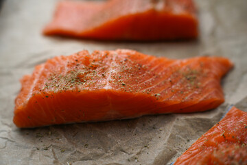 Fresh Raw Salmon Fillets with Herbs on Parchment Paper