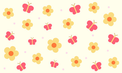 Seamless floral pattern with cute butterfly in soft color. Floral repeatable background with butterfly. Cute spring and summer nature print.
