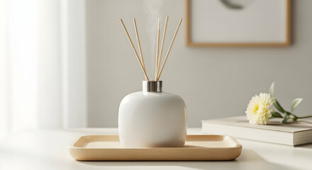 Reed Diffuser Emits Aroma on Tray with Flower and Book in Bright Room