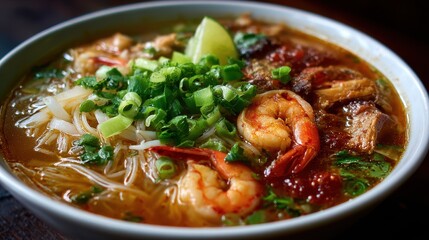 Thai Broth. Shrimp Seafood Rice Noodles with Pho Noodle