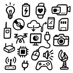 Hand Drawn Technology and Electronic Devices Sketch Icons – Transparent Background