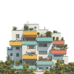 Fototapeta premium Modern Colorful Apartment Building with Greenery on Transparent Background