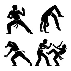 Capoeira Silhouette Gesture Icons – Brazilian Martial Arts Dance Movements, Acrobatics, Combat Kicks, and Flowing Fighting Poses – Transparent Background