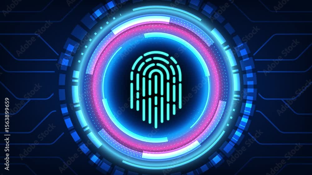 Poster futuristic biometric fingerprint scanner interface glowing digital circles cybersecurity authenticat