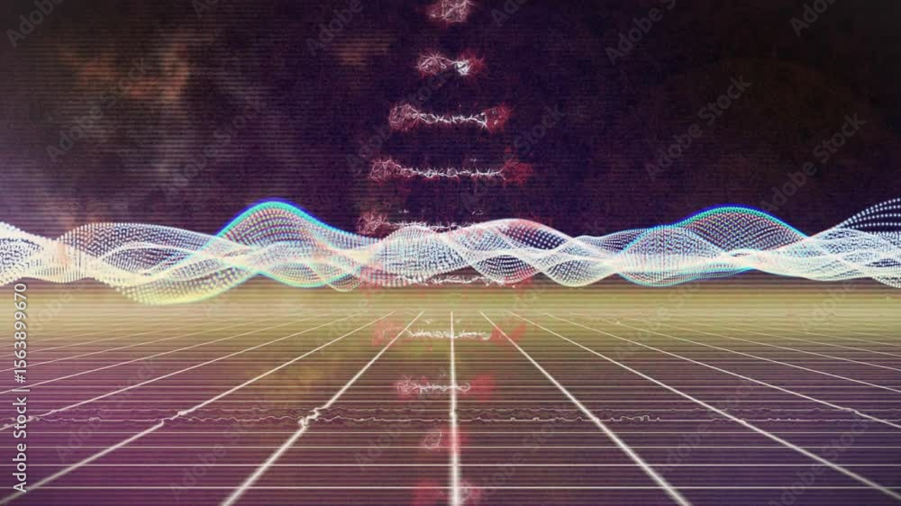 Poster neon grid extending horizon as wireframe wave pulsing and spiral helix sliding showing data flow