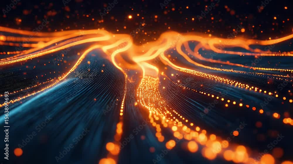 Poster abstract digital landscape with flowing orange and blue lines and glowing particles on a dark backgr