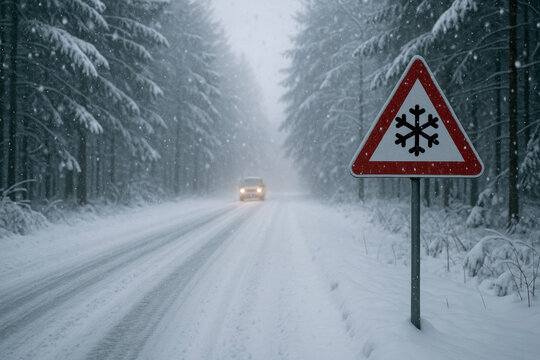 Snowfall warning sign on a snowy forest road with a car winter trees