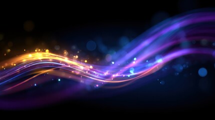 Obraz premium Abstract flowing light streaks with bokeh effect in purple and gold