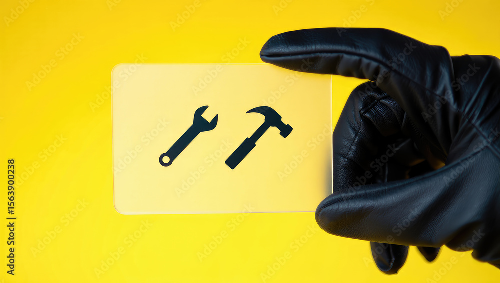 Poster conceptual image of tools and repair represented by a wrench and hammer on a transparent surface hel