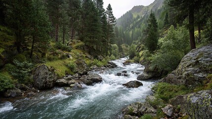 Fototapeta premium Serene Mountain River Flowing Through Lush Evergreen Forest Landscape
