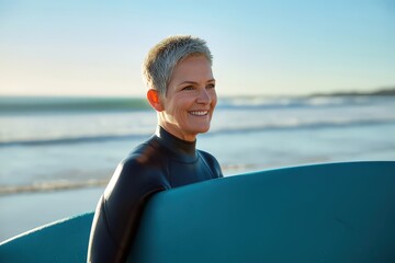 Fototapeta premium Smiling mature woman in a wetsuit holds a surfboard at the beach