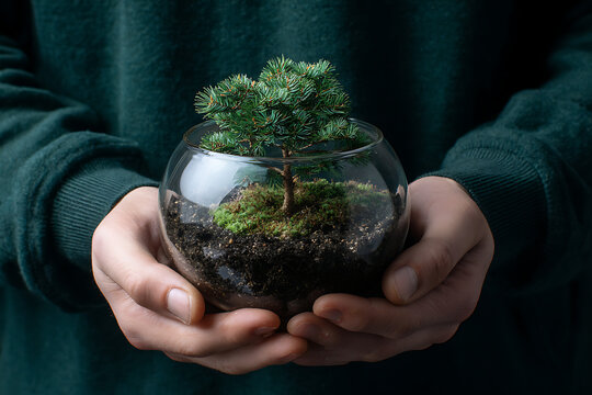 Person holding small green tree in glass bowl hands cradling - Powered by Adobe
