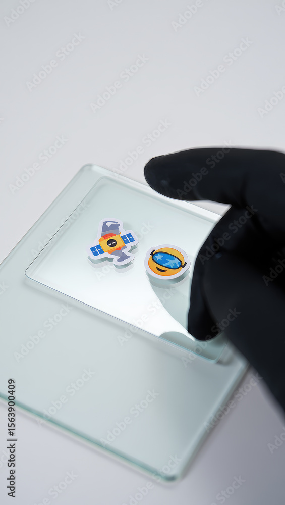 Poster conceptual image of satellite technology and global communication represented by stickers on glass w