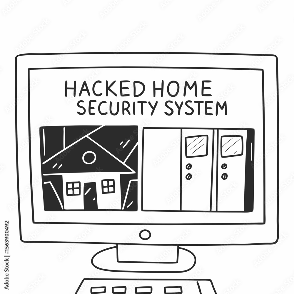 Poster computer screen displaying hacked home security system with house and doors vector