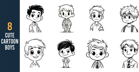 Cute cartoon boys line art vector illustrations for kids drawing style