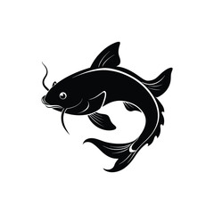 Simple graphic of a swimming catfish in black silhouette