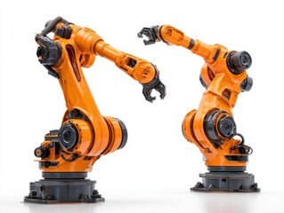 Two orange industrial robotic arms with grippers on a white background