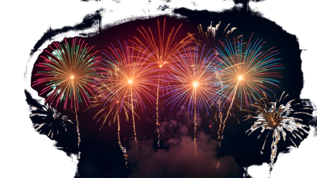 Vibrant Fireworks Bursting in Night Sky isolated on a transparent background