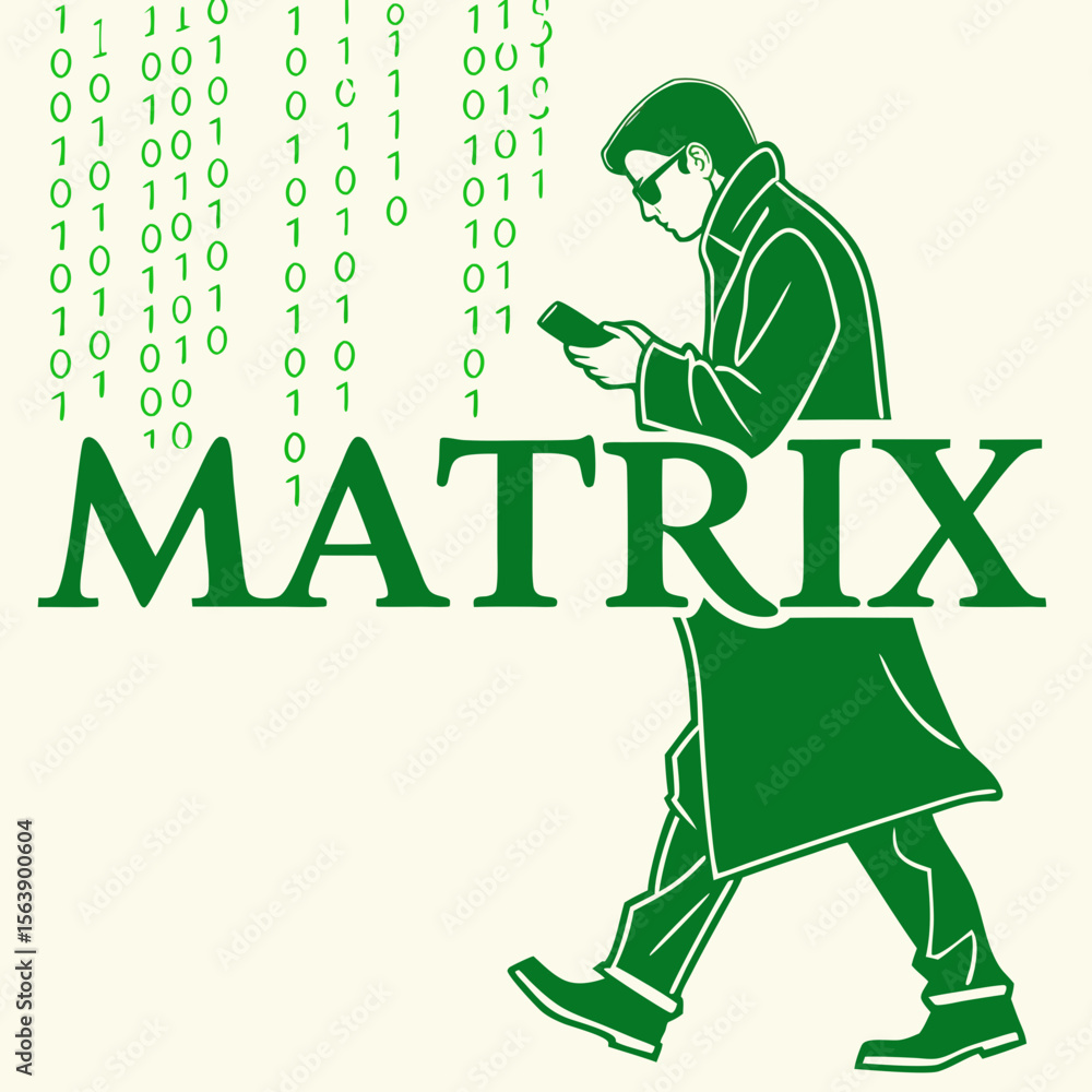 Fototapete green man with phone surrounded by binary code and matrix text vector