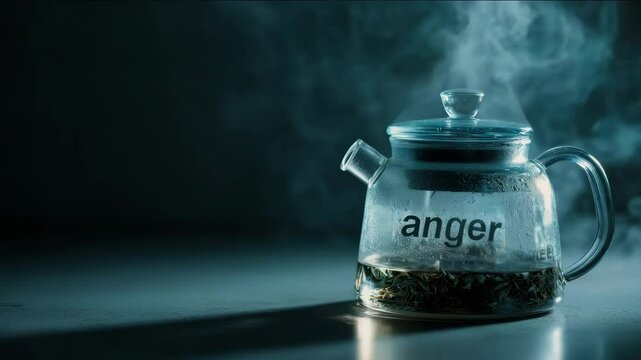 A glass teapot filled with tea leaves, steaming, with the word "anger" visible on its side. The scene is dark and moody, suggesting a feeling of internal conflict