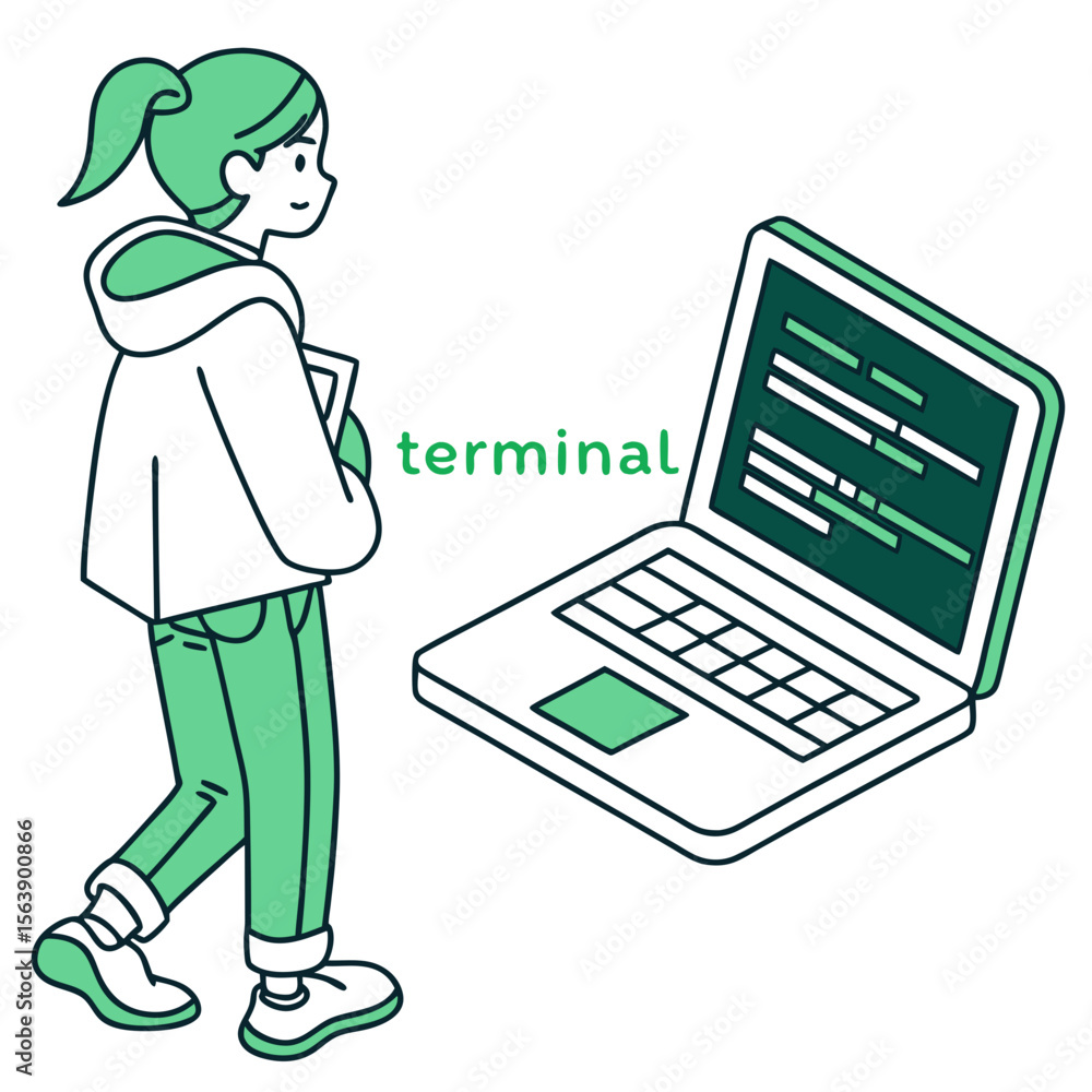 Poster person with laptop displaying code terminal green