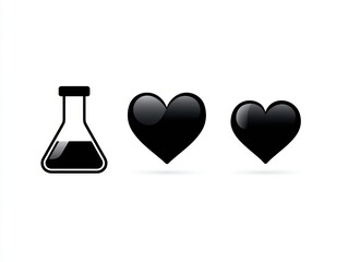 Black heart and flask, exploring the symbolic connection between love, chemistry, scientific exploration