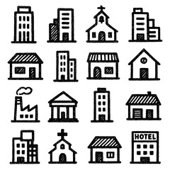 Fototapeta premium Urban Landmark Icons – Hand Drawn Skyscrapers, Towers, Monuments, City Buildings – Transparent Background