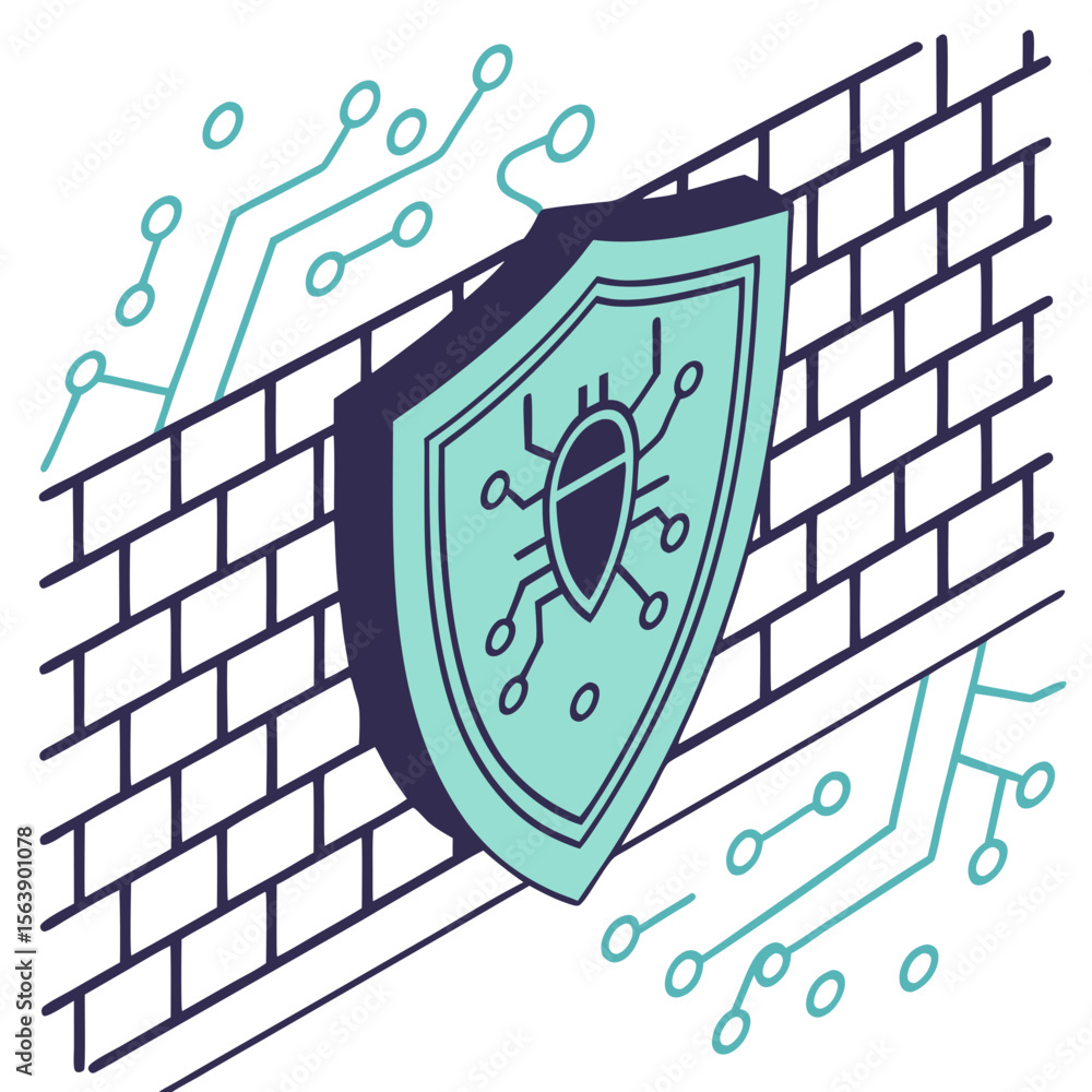 Poster teal shield with bug symbol on brick wall with circuit lines cybersecurity firewall