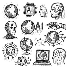 Future World and Artificial Intelligence Sketch Icons – Hand Drawn Scribble Style Doodle AI Technology Clipart – Transparent Background