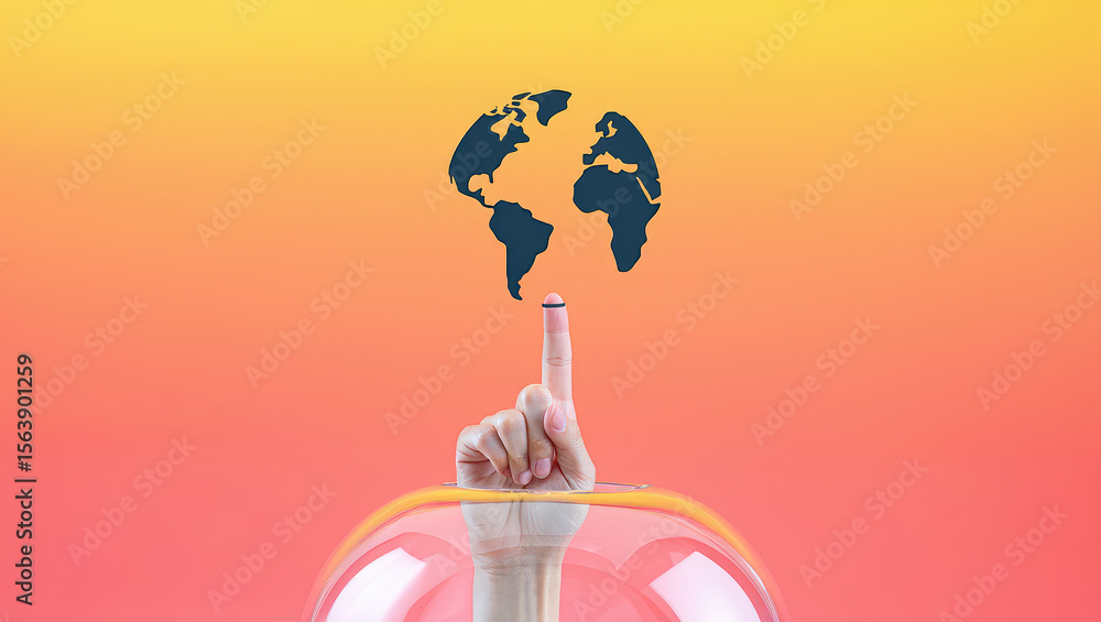 Poster conceptual globe on fingertip under protective dome a symbolic representation of global issues and i